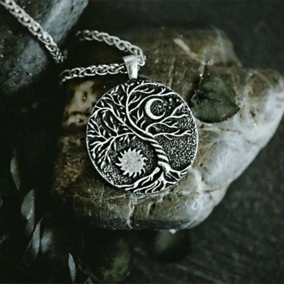 STAINLESS STEEL TREE OF LIFE SUN AND MOON UNISEX PENDANT NECKLACE - Picture 4 of 5